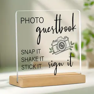 Acrylic Wedding Photo Guest Book Sign with Wooden Base, Modern Style, Multi-Functional, No Power Needed, Ideal for Weddings