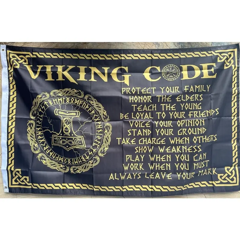 Viking Codex Flag 3x5ft - Viking Men's Gift, Norse Mythology Values and Principles, Black Background with Red Text, Ideal for Living Room Decor