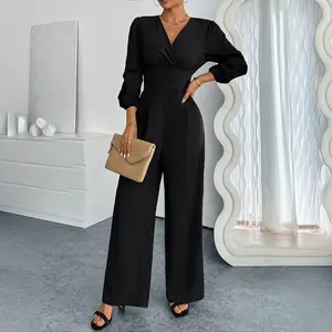 Women's elegant solid color V-neck women's jumpsuit, sexy clothing, formal black office siren outfit casual summer top, chic women's daily jumpsuit XS-XLRAIMENTRY