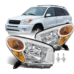 Headlight Assembly with Bulbs Compatible with 2004 2005 Toyota RAV4 Halogen Headlamp Chrome Housing Replacement Pair Left and Right # 8110542280, 8110642280