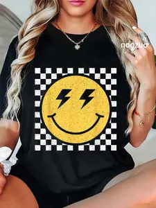 100% Cotton Retro Yellow Happy Face Checkered Pattern Smile Face Trendy T-Shirt