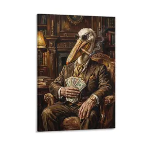 1pc Frameless Canvas Art, Oil Painting Style Humorous Pelican (Cigar, Money), Vintage Wall Decor, Printed Art for Home, Living Room, Office, Bar Decoration