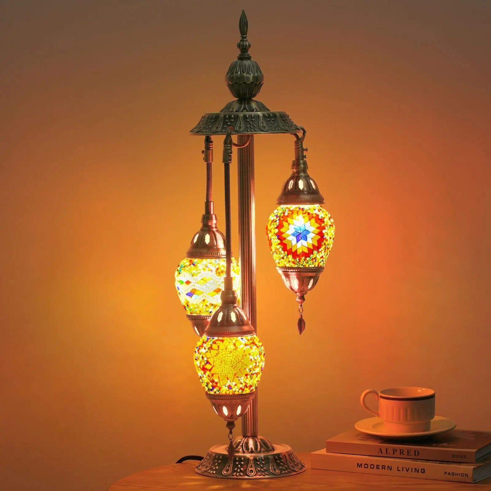 28-in Bohemian 3-Ball Turkish Moroccan Table Lamp, Handmade Mosaic Glass with Metal Base, Colorful LED Mood Light with E12 Socket & Simple On/Off Switch, Handmade Art for Housewarming Living Room/Bedroom Warm Ambience