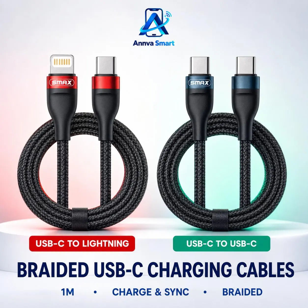 [2PCS] 1M Tangle-Free Braided Charging Cable - Charge & Sync Cord for Phones/Tablets, Lightning or USB-C Device Connections
