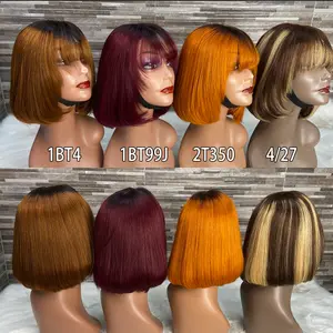 YWhair 2*6 10inch Layered With Bangs Short Bob Wig Transparent Lace Bone Straight 100% Human Hair Wigs for Black Women