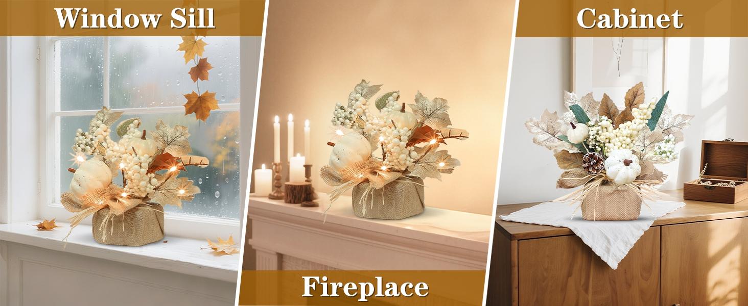 2-Pack 11in Silk Fall Decor Tabletop Trees Centerpieces - Battery-Operated Lights with Timer, Dry Battery Power, Neutral White Maple Leaves, Pumpkins, Pinecones, Berries for Dining Table, Mantel, Decorations Set, Fall Decor For Home