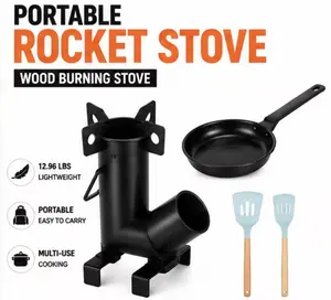 Portable Camping Rocket Stove Wood Burning Cooker w/ Frying Pan & 2 Spatulas Survival Outdoor Stove