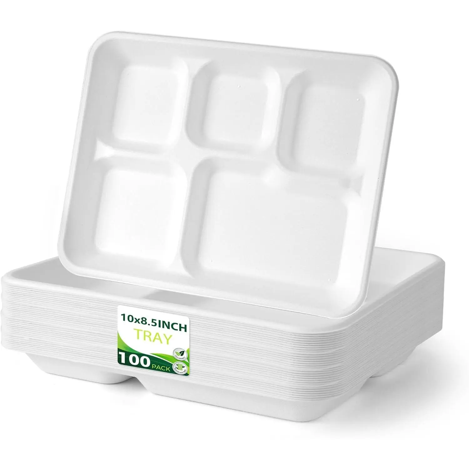 100 Pack 5-Compartment Plate Disposable, Compostable Divided Disposable Dinner Plates, Paper Tray for Food for Dinner and Party