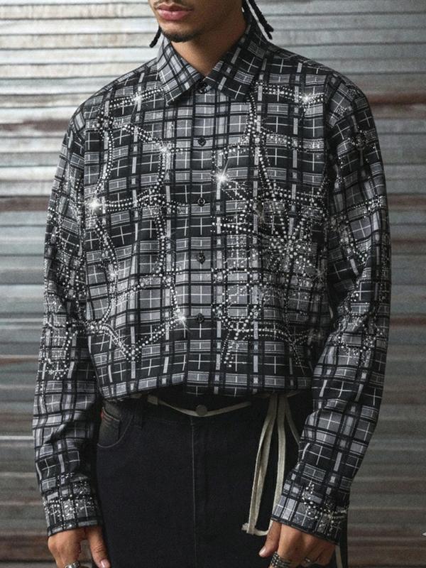 Men's Vintage Plaid Shirt with Rhinestones, Street Style Fashion, Casual Long Sleeve, Soft Comfortable Fabric, Casual Stylish Menswear