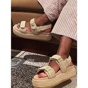 Adjustable Double Buckle Platform Sandals,Women Raffia Platform Sandals,Comfort Summer Beach Sandals Open Toe Platform Sandals