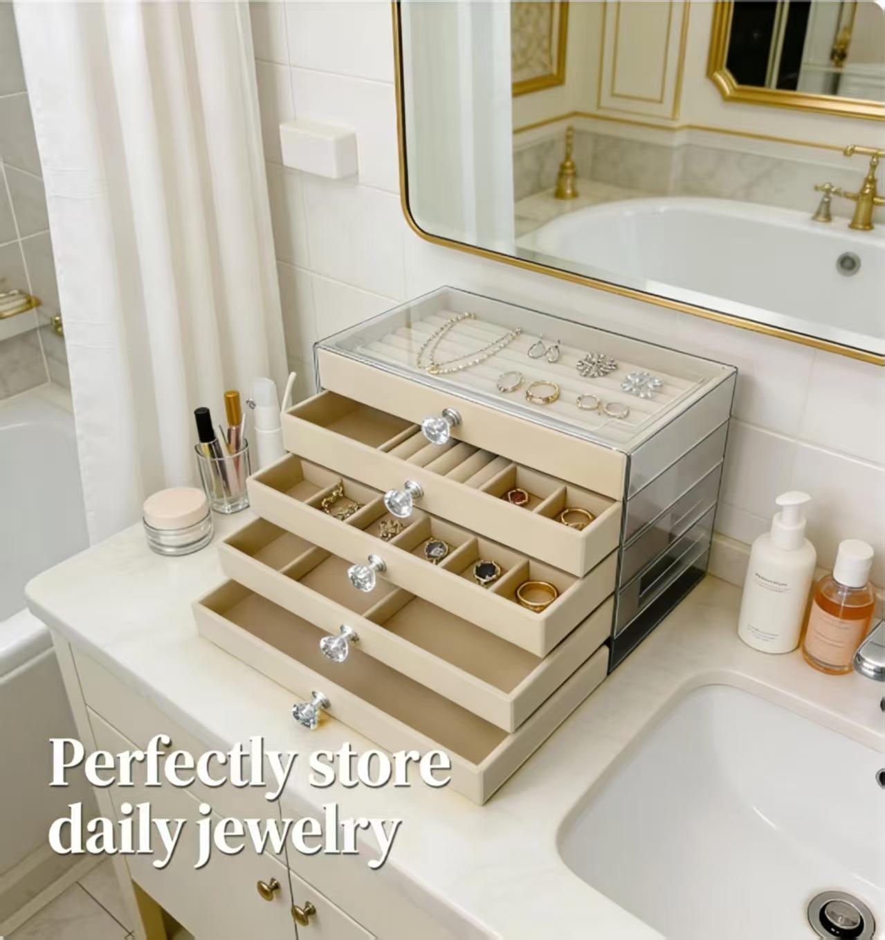 5 Drawer Acrylic Jewelry Organizer Box, Velvet Lined Jewelry Storage Case with Clear Top, Jewelry Armoire for Earrings, Rings, Necklaces, Bracelets, Vanity Jewelry Holder for Women Girls, Gift for Her