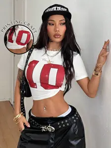 Women's Small Round Neck Short Sleeve Tight Fit T-Shirt, Soft Knit Clothing, Y2K Streetwear Style, Casual, Print