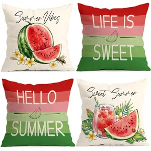 4pcs Summer Watermelon Text Pattern Cushion Covers, Single-Sided Print, Home Decor for Living Room Bedroom, All-Season Pillow Cases