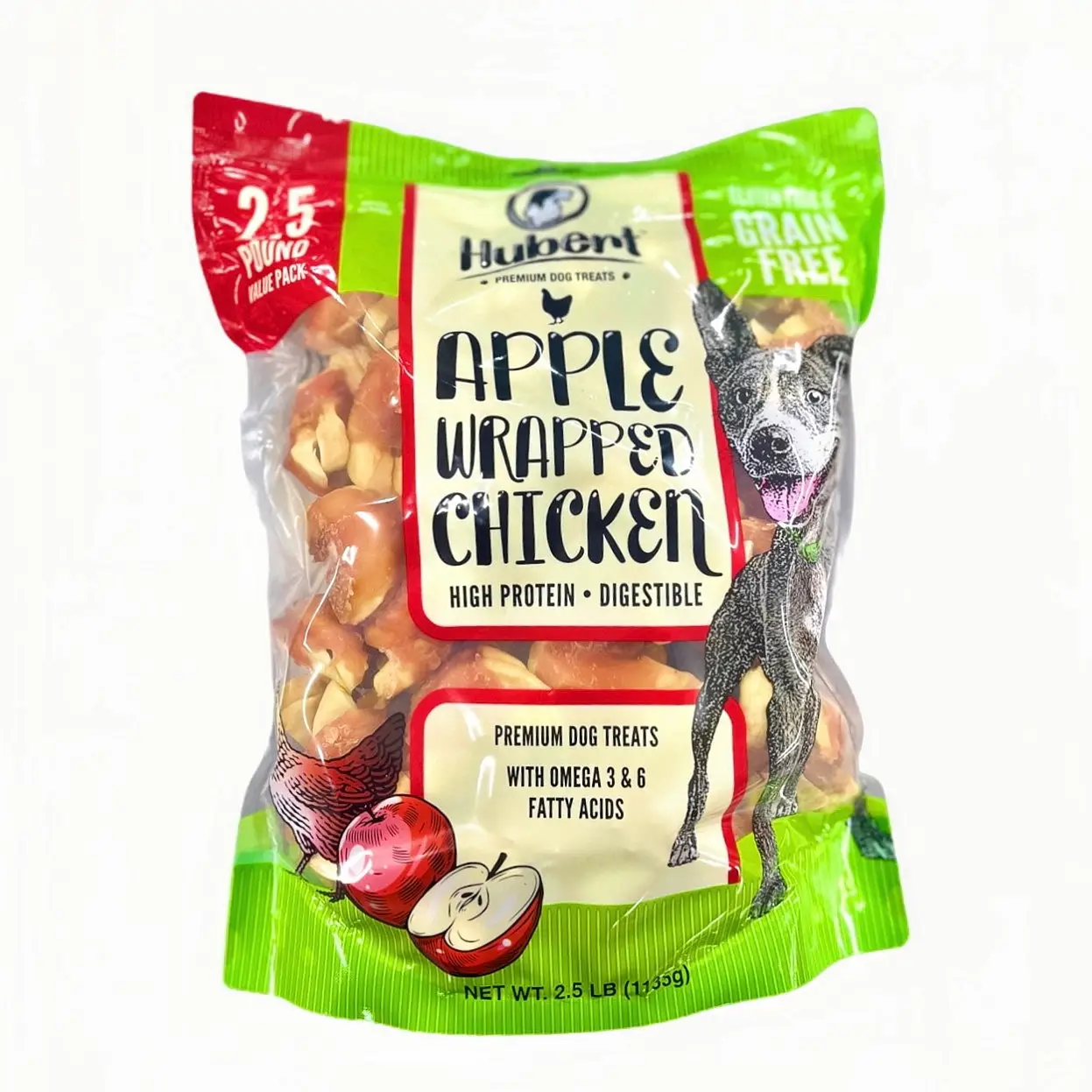 Hubert Gourmet Chicken & Duck Wrapped Apple Bites, Low Ingredient Healthy Dog Treats, High Protein Puppy Snacks