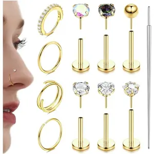 Trendy Summer Piercing Jewelry 14K Gold Plated Nose Rings 20G 18G Threadless Hoops Studs 316L Surgical Steel Flat Back Nose Stud CZ Hypoallergenic Tragus Helix Jewelry 11Pcs