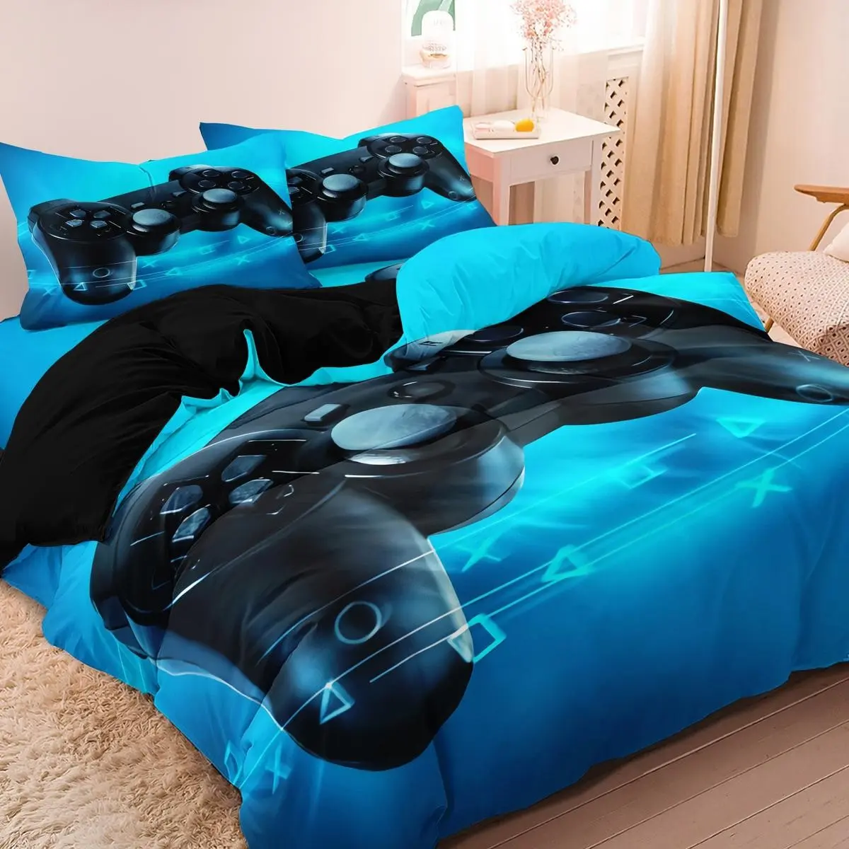 Boys' Teenage Fashion Cool Gaming Controller Mouse Keyboard Headset Soft Breathable Machine Washable Bedding Set, Modern Game Handle Print, 3-Piece (quilt + 2 Pillowcases)