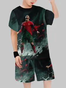 Cristiano Ronaldo 1991 Glory Birth Theme Sportswear Set, Short Sleeve T-Shirt + Same Pattern Shorts, Casual Fitted Two-Piece