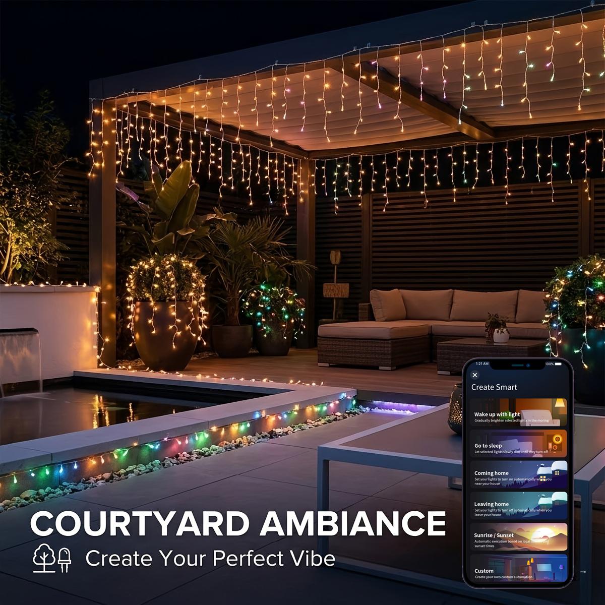Smart RGB Icicle  Outdoor 20Ft 240LEDs 48 Drops, APP & Remote Control Music Sync Christmas Roof Icicle ,  Millions of Functions,  Clear Wire,Timer, Brightness Adjustable, Color Changing lights lampara