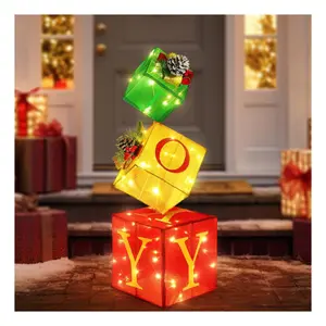 Christmas Joy Lighted Gift Boxes Decorations Set of 3, 2.6Ft Stackable Christmas Nesting Boxes Battery Operated for Home and Party Decoration