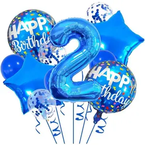 Large Round Aluminium Star Foil Balloons - Blue Festive Decor for Boys' 2nd Birthday, Including Birthday Graphic, Decorative Letter & Foil Number Designs, Balloon Balloons, Birthday Graphic Balloons