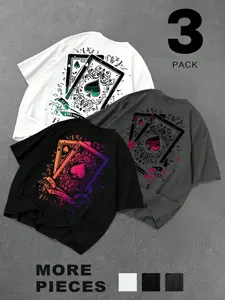 3-Pack Men's Structured Casual Graphic Tee | Anti-Wrinkle Ace of Spades Baroque Print T-Shirt Set | Durable Shape Retention Streetwear Bundle | High-Definition Gradient Art Tops for All-Day Wear