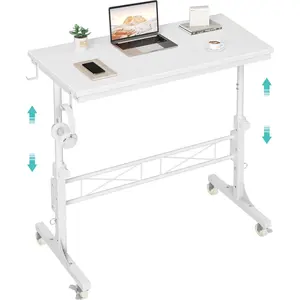 Small portable treadmill walking pad desk on wheels, 32-inch white adjustable-height mobile rolling standing teacher desk, couch/sofa side laptop stand-up table for bedroom