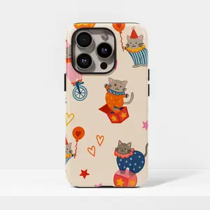 The Circus Cat case features a colorful clown kitten for iPhone 17, 16, 15, 14, 13, 12, 11, Pro Max, Galaxy S23, S22, S21, S20 Ultra.
