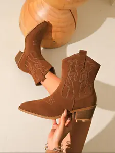 Women's Embroidered Western Ankle Boots, Leopard Print & Solid Color Cowboy Booties, Pointed Toe Chunky Heel Boots