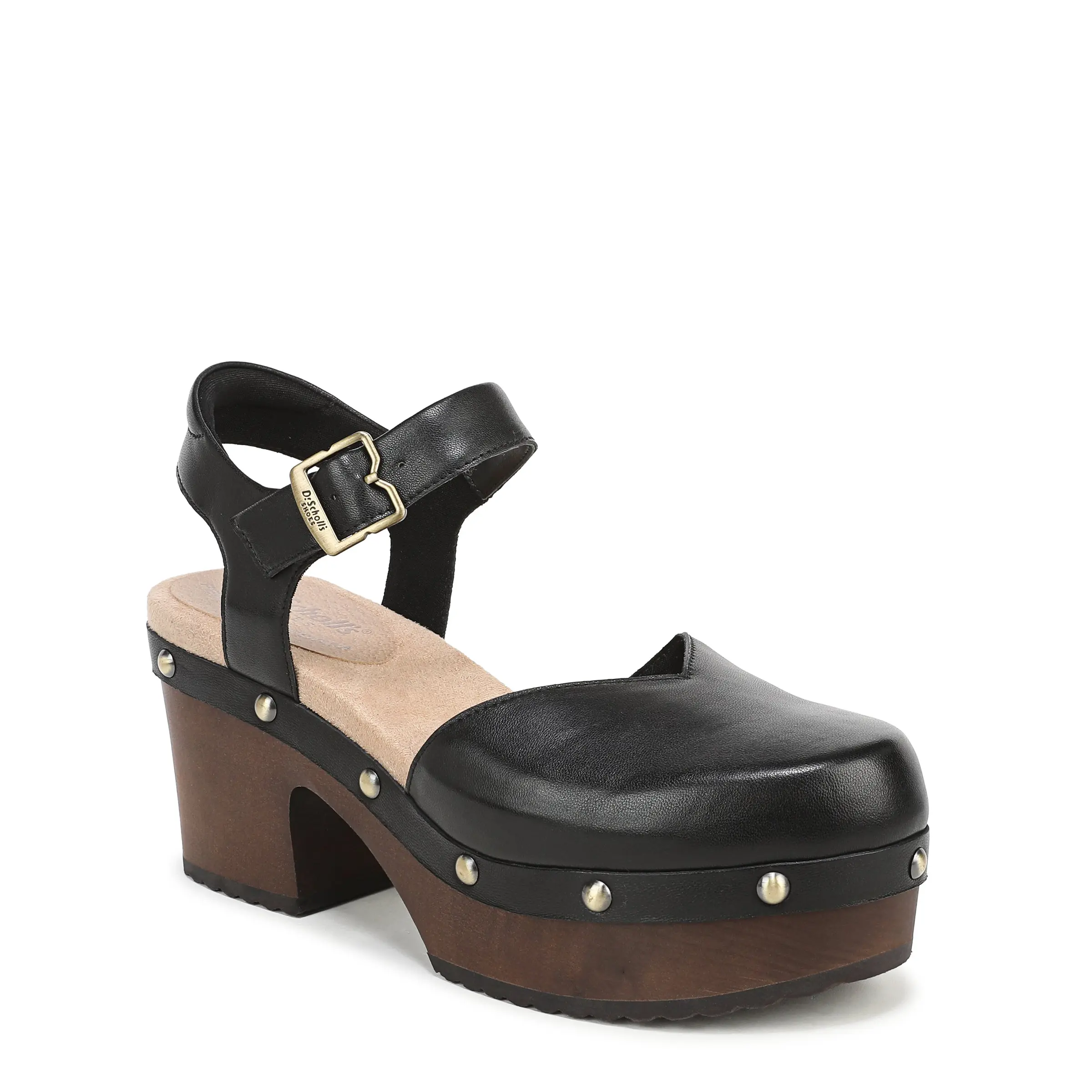 Dr. Scholl's Shoes Women's Original Spark Mary Jane, Leather Clog with Wood Platform Sole, Stud Details, and Rubber Outsole, 1.375 Inch, Statement Shoes, Buckle Strap, Fabric, Everyday Wear, Leather/Suede, Retro Look