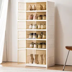 Foldable Shoe Cabinet with Clear Doors 6 Tier Collapsible Shoe Rack Organizer for Entryway Closet, No Assembly Stackable Shoe Boxes for Tall Boots Sneakers (Up to 12 Pairs)