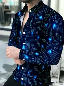 Men's Summer Long Sleeve Digital Code Print Stylish Casual Button Shirt
