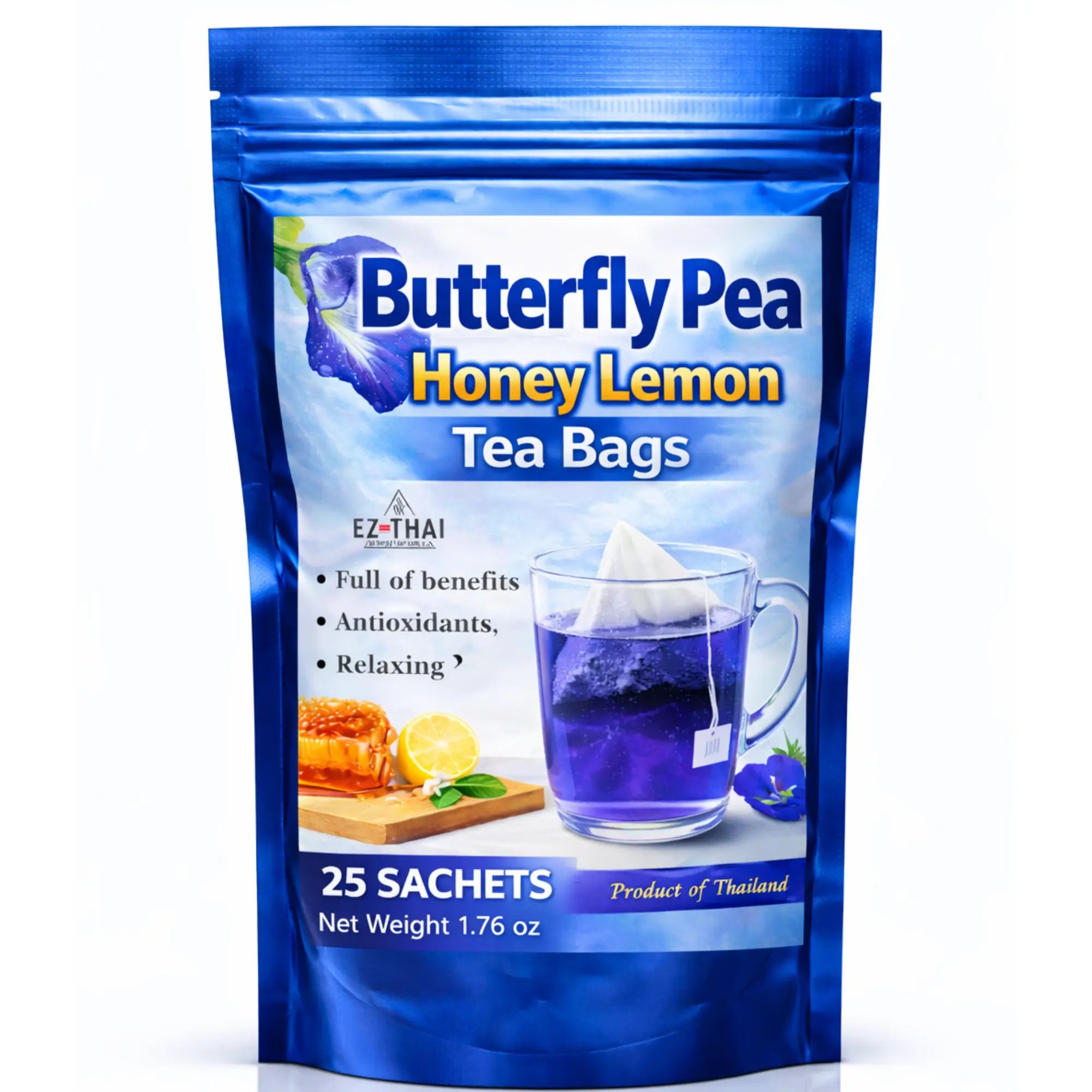 EZ THAI Premium Butterfly Pea Honey Lemon 25 Tea Bags - Color-Changing Blue Herbal Tea – Caffeine Free Tea & Thai Herbal Tea for Relaxing Hot Brew, Iced Lemonade