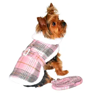 Pink & White Plaid Dog Coat – Warm Fleece Lining