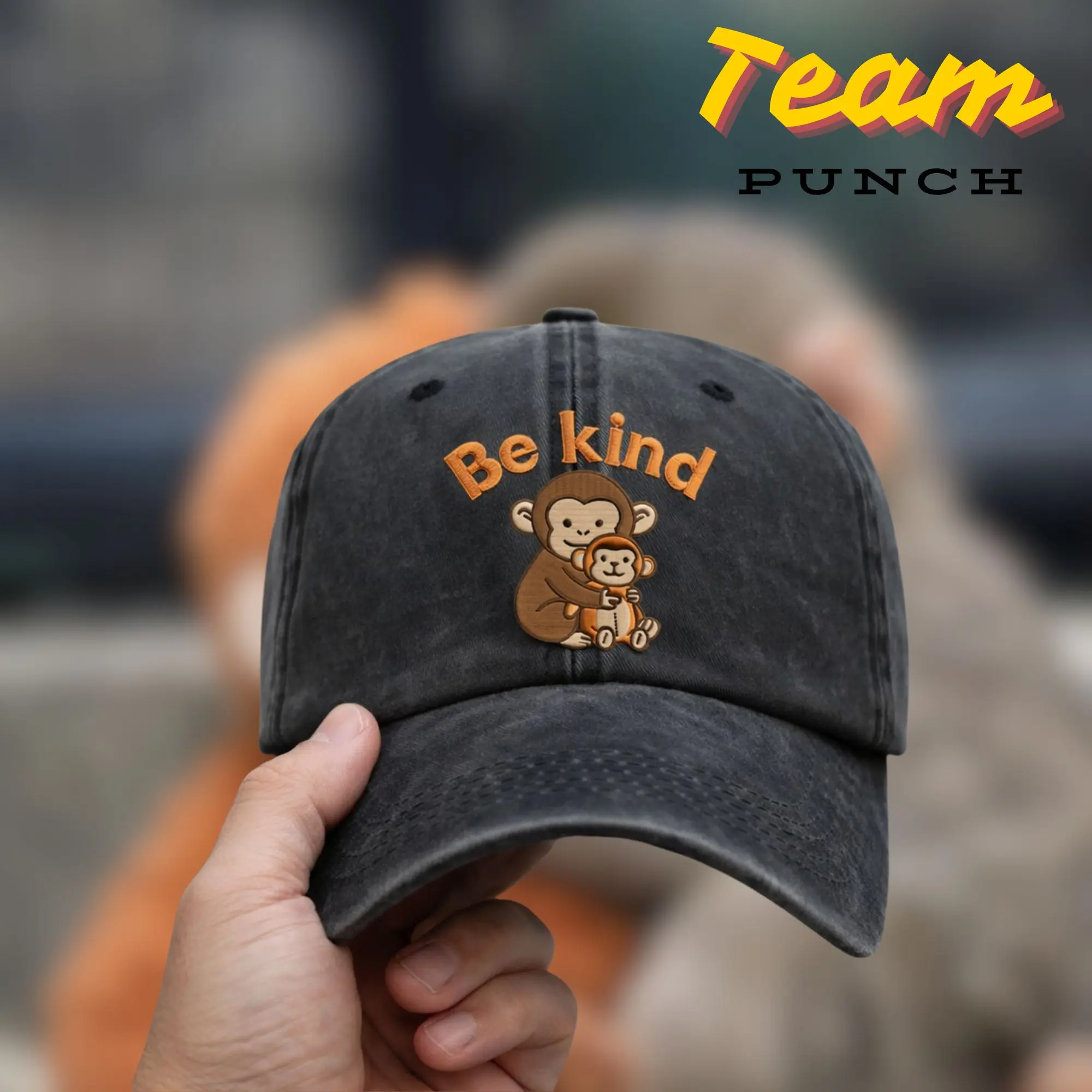 Be Kind Monkey Dad Hat – Cute Monkey Embroidered Cap – Vintage Washed Baseball Cap – Animal Lover Hat – Positive Message Hat – Casual Everyday Cap