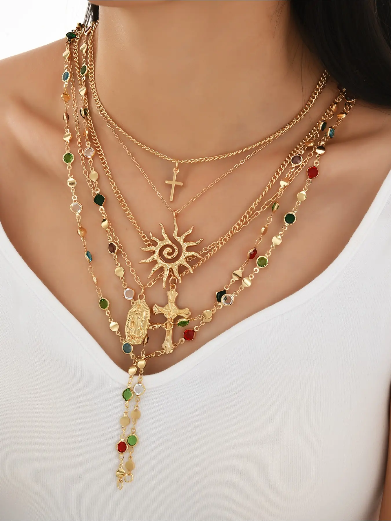 6PCS Women's Gold Color-Diamond Layered Necklace SetSun Pattern/Cross/Icon Pendant Design Retro Religious StyleVersatile for Daily Commute, Dates & GatheringsMulti-Scene WearExquisite Fashion Accessory