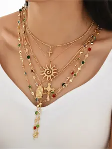 6PCS Women's Gold Color-Diamond Layered Necklace SetSun Pattern/Cross/Icon Pendant Design Retro Religious StyleVersatile for Daily Commute, Dates & GatheringsMulti-Scene WearExquisite Fashion Accessory