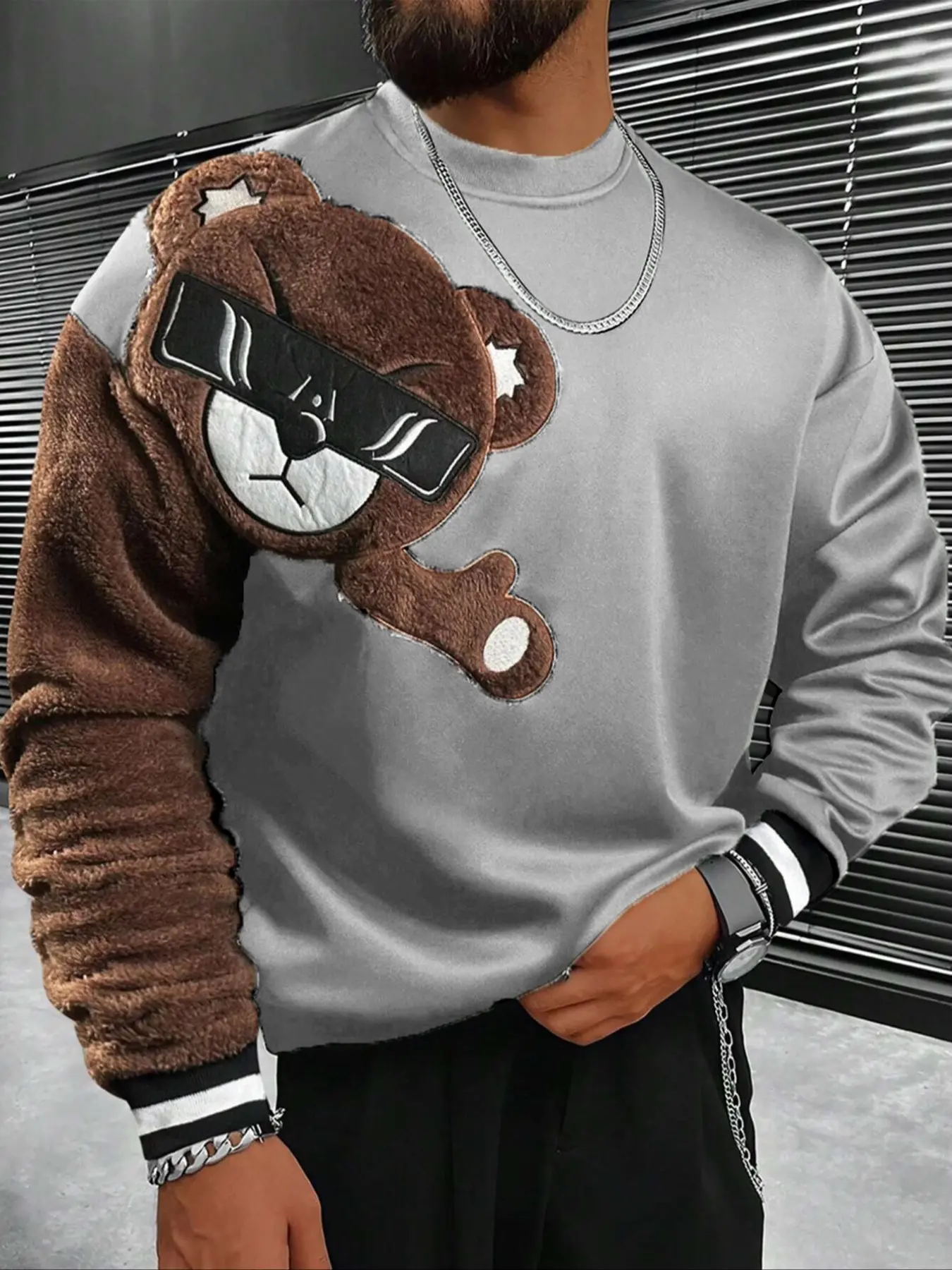 Men's Embroidered Bear Print Casual Fashion Round Neck Long Sleeve Sweatshirt, Comfortable Outwear for Daily Wear