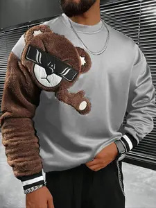 Men's Embroidered Bear Print Casual Fashion Round Neck Long Sleeve Sweatshirt, Comfortable Outwear for Daily Wear