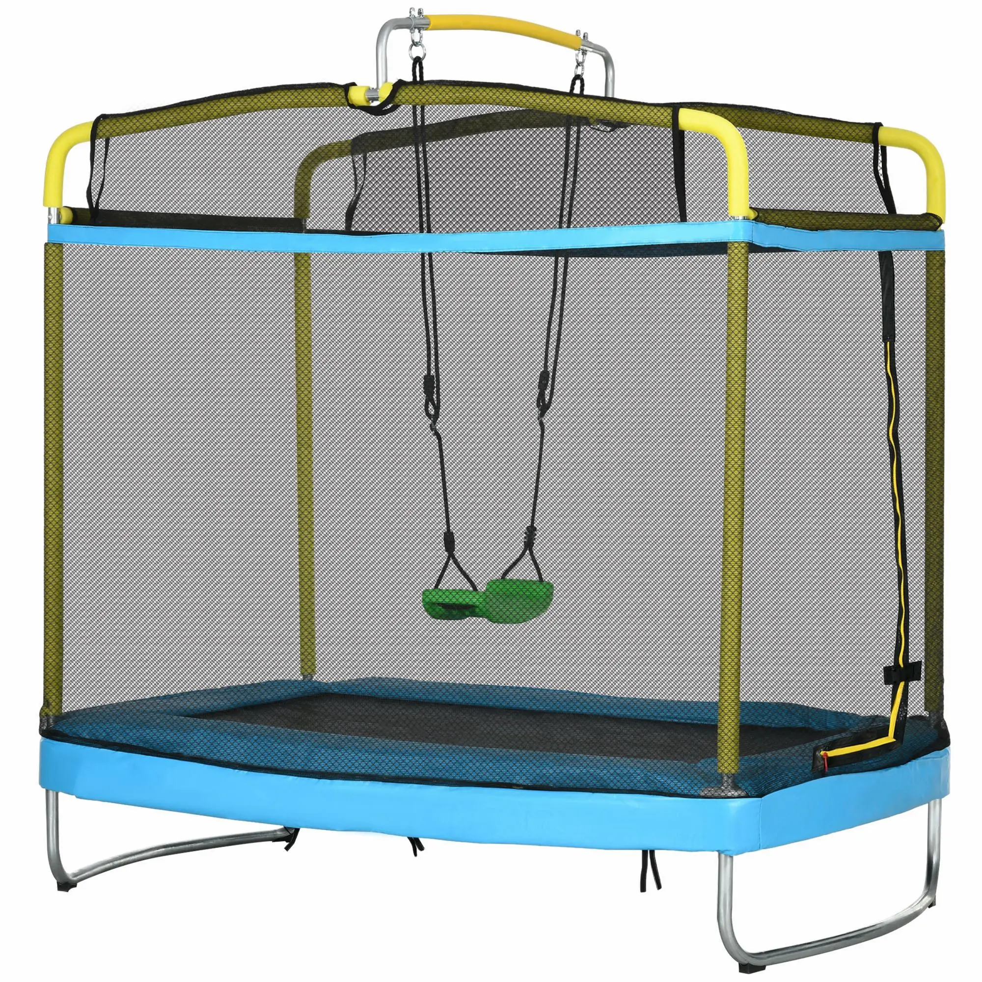 6.9ft 3-in-1 Trampoline with Safe Enclosure Net, Swing, Basketball Hoop & Assembly Kit - Light Blue Indoor Outdoor Toddler Jumping Toy, Backyard/Playroom Birthday Gift for Sports Use