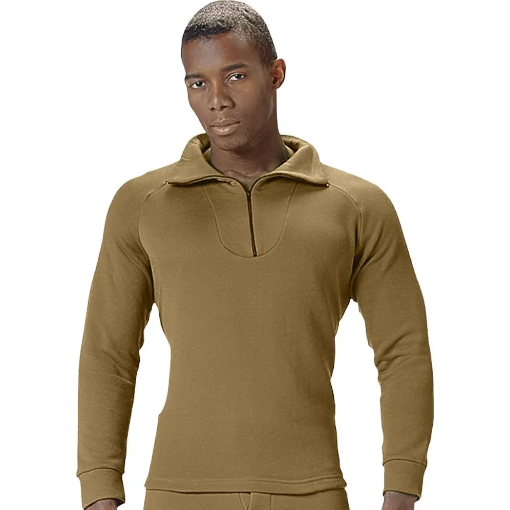 Men's Coyote Brown ECWCS Polyester Fleece Long Sleeve Turtleneck Zip Collar Polo Shirt, Menswear Top, Elastic, Soft, Mid-Layer, Military Look, Cold Weather