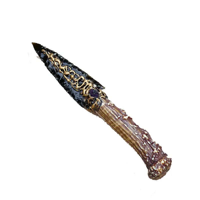 Hand-Carved Unsharpened Natural Obsidian Dagger Model, Natural Stone Decor, Rainbow Crystal Dragon-Venetian Gold Quartz Ornament for Home Housewarming Gifts