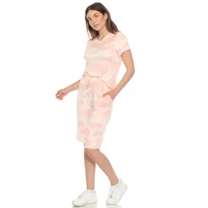 212 MAIN Women's 2-Piece Knit Soft Breathable Pink Tie-Dye Short-Sleeve Pajama Set - Style-Infused Top with Pockets, Adjustable Elastic Pants, Loungewear Nightwear, Large (3627-05-L)