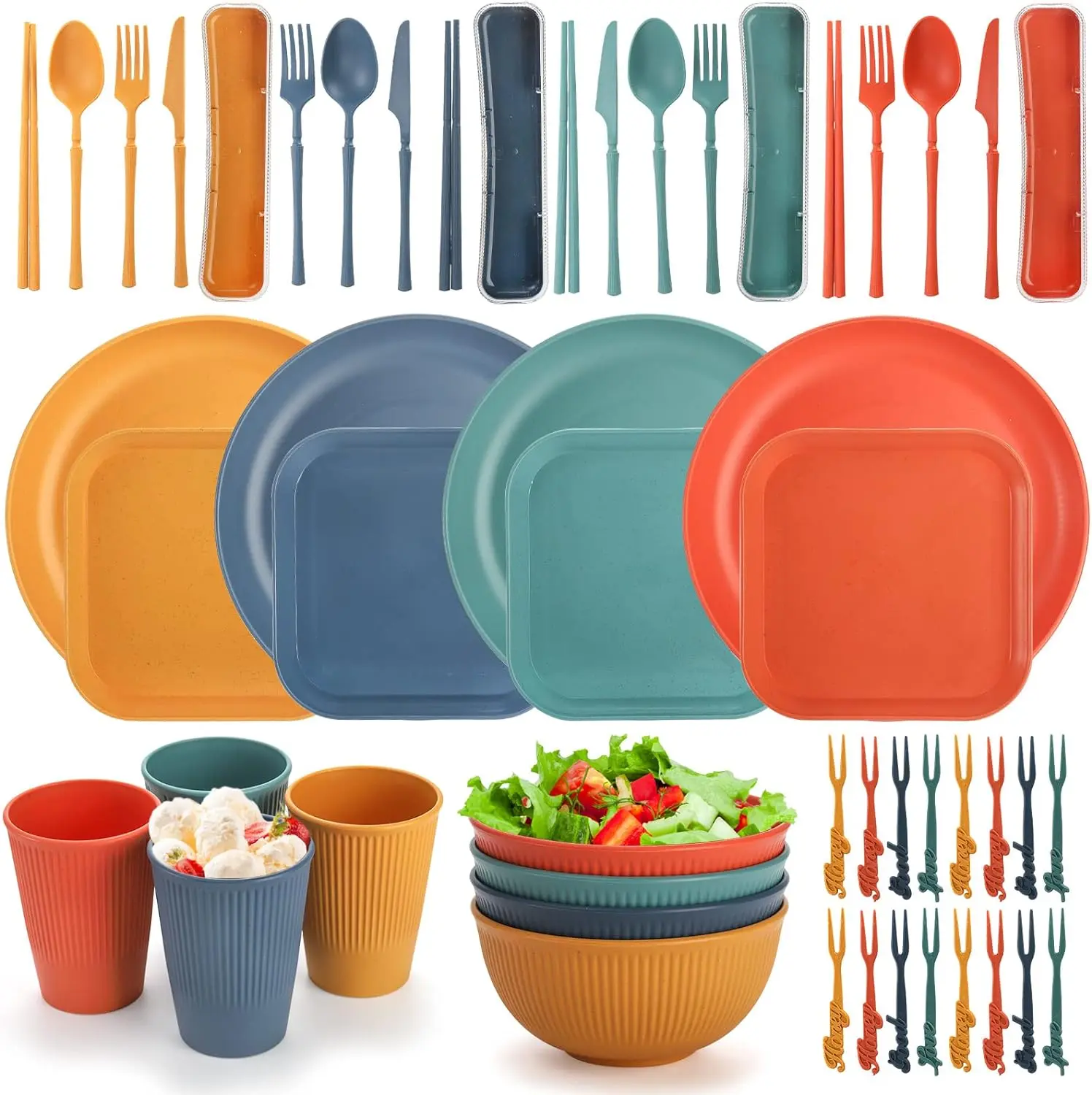 44 Pieces Wheat Straw Dinnerware Sets, Unbreakable Camping Plates Cups and Bowls Set, Eco Friendly Lightweight Kitchen Dish with Knives, Forks, Spoons, Dishwasher Microwave Safe