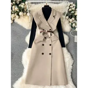 Casual Solid Color Sleeveless Double Breasted Suit Jacket Knitted Elastic Fiber Five-Seven Length Suitable for All Seasons