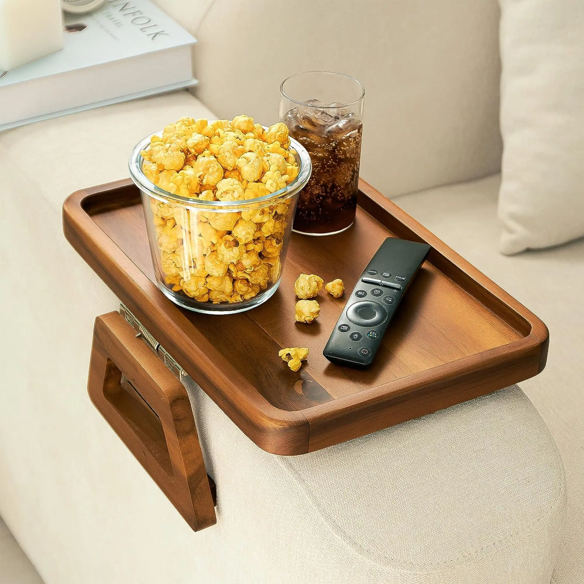 Acacia Wood Sofa Armrest Tray -Sofa Arm Tray Table Clip - Couch Arm Tray for Wide Couches Plates Sturdy