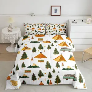 Camping Comforter Set,Vintage Comforter for Boys Girls Teen,Camper Accessories Travel Trailers Bedding Set,Camper Duvet Set,Room Decor Ivory Quilt Set