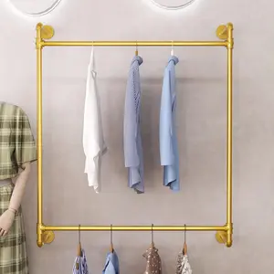 39"L Industrial Pipe Clothing Garment Rack Wall Mounted Heavy Duty Closet Storage Rod Vintage Commercial Clothes Racks for Hallway Retail Boutique Bedroom Laundry Room Hangable Gold Fashion Durable Sturdy Design
