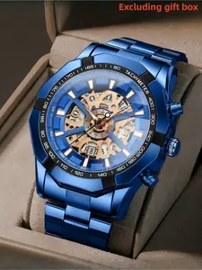 Men's Hollow-Out Watch, Skeleton Watches, Non-Mechanical, Large Dial with Date Calendar, Luminous Hands, Stainless Steel Strap, Quartz, Waterproof, Fashion Accessory