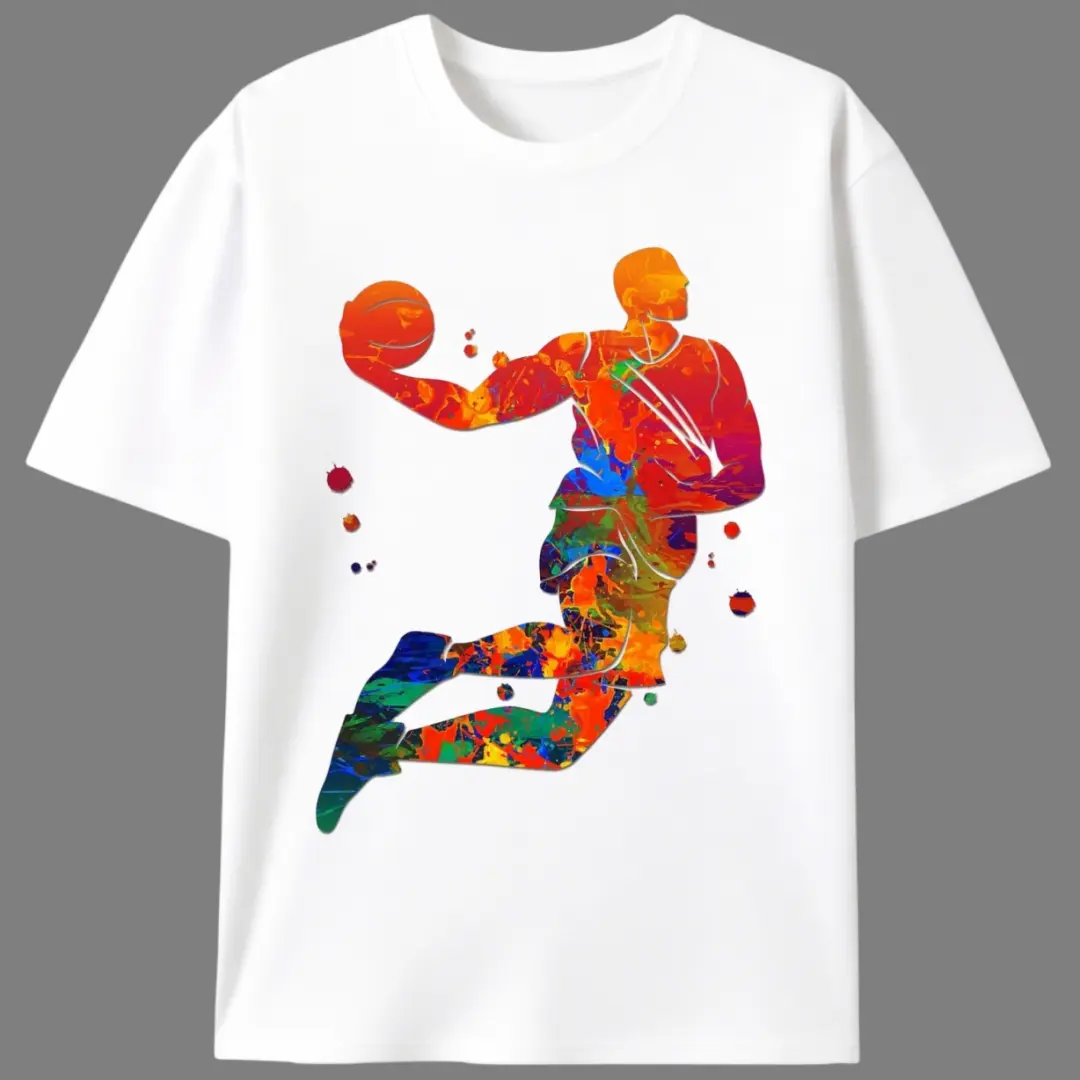 Men's Short-Sleeve Stretch Cotton Knit Round Neck T-Shirt - Rainbow Splatter Basketball Player Print, Minimalist Retro Preppy Streetwear for Hoops Fans, Shortsleeve, Fabric