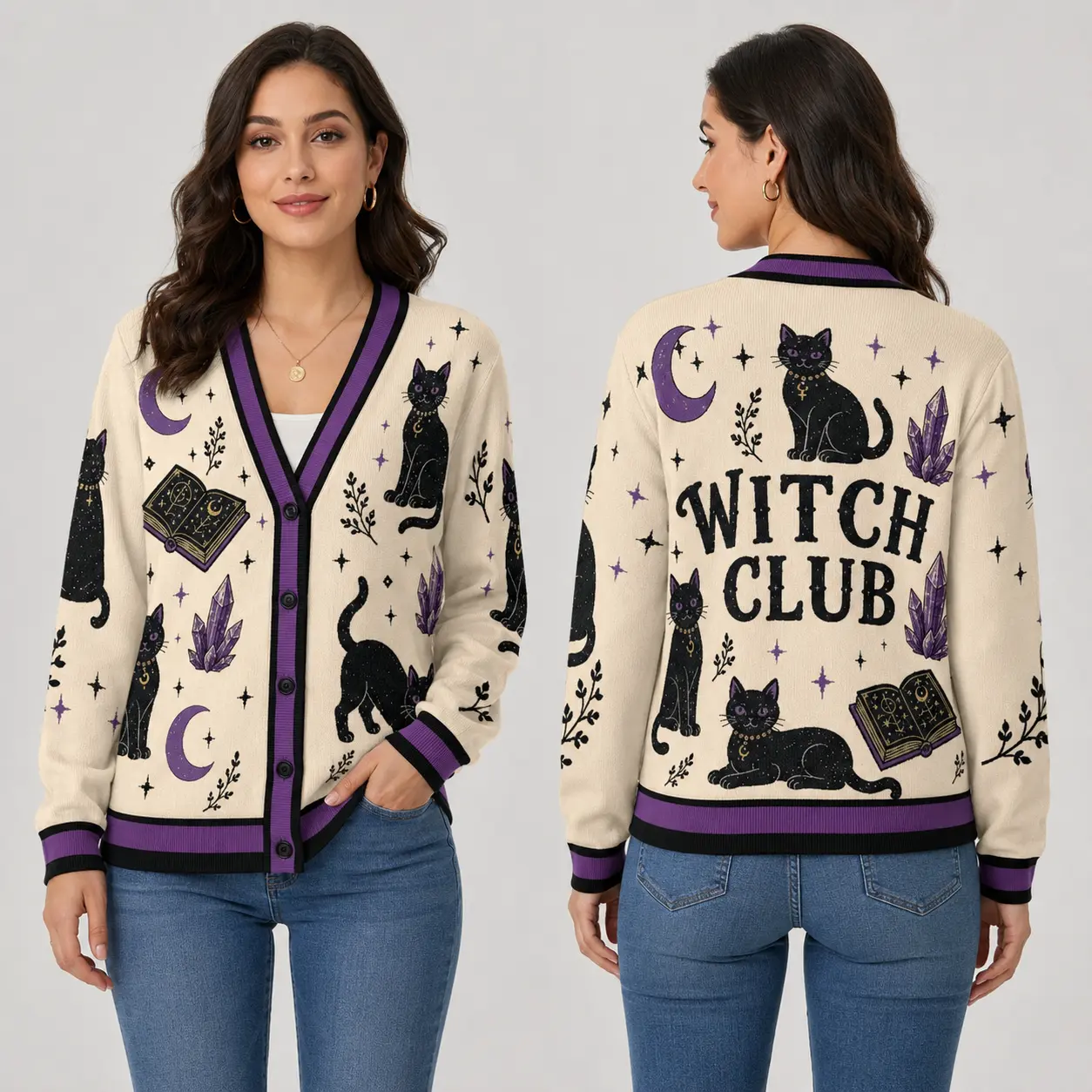 Women’s Witchy Black Cat Halloween Cardigan Sweater, Vintage Gothic V Neck Button Up Knit Cardigan, Cozy Spooky Season Fall Sweater, Halloween Gift for Her